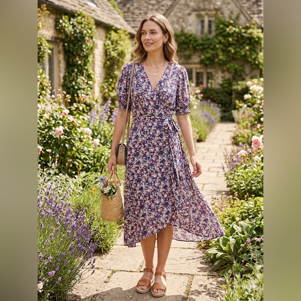 Melrose and Market Purple Floral Wrap Midi Dress